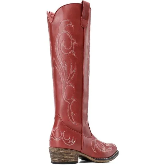 Women Faux Leather Red Knee High Chunky Heel Side Zipper Embroidered Boot